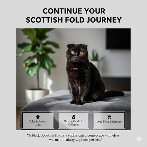 Mèo tai cụp đen ngồi trên ghế xám gần cây xanh trong ánh sáng dịu, khung dưới có nút hướng dẫn màu–pattern, mua & hợp đồng, và giá 2025