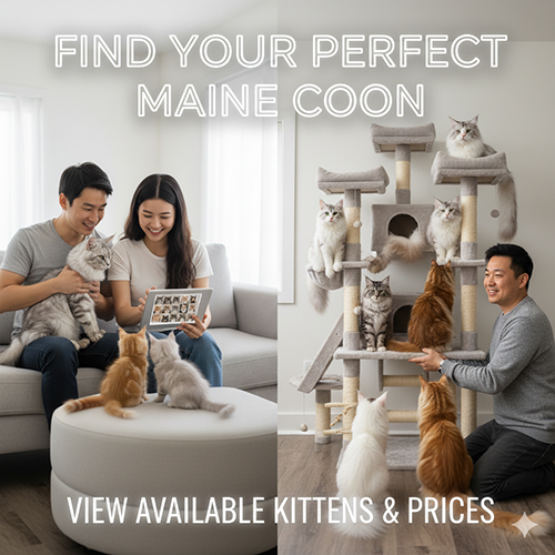 Người mua đang xem video và gặp nhiều mèo Maine Coon để chọn bé phù hợp, minh họa lời kêu gọi hành động