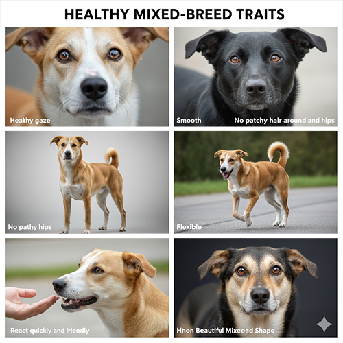 Các đặc điểm nhận biết chó lai khỏe mạnh như mắt sáng, lông mượt, thân hình cân đối và dáng đi linh hoạt