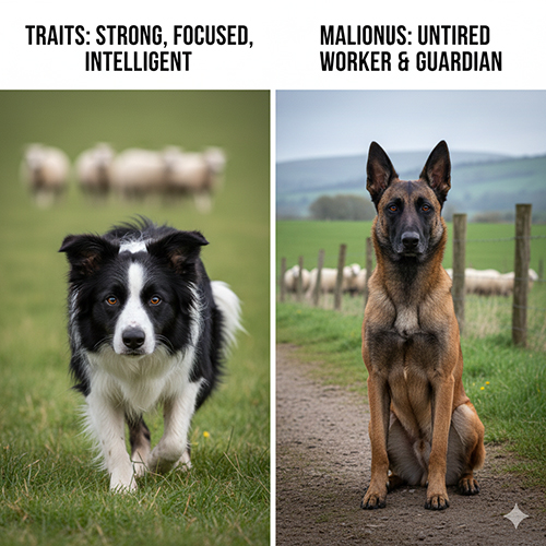 Hình so sánh Border Collie và Malinois để minh họa đặc điểm chung của nhóm chó chăn cừu và chăn gia súc