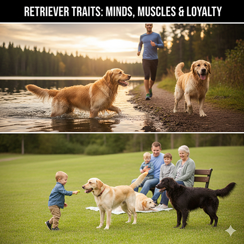 Hai cảnh đời thường của Retriever: Golden chạy dọc bờ hồ và Labrador chơi cùng gia đình trong công viên