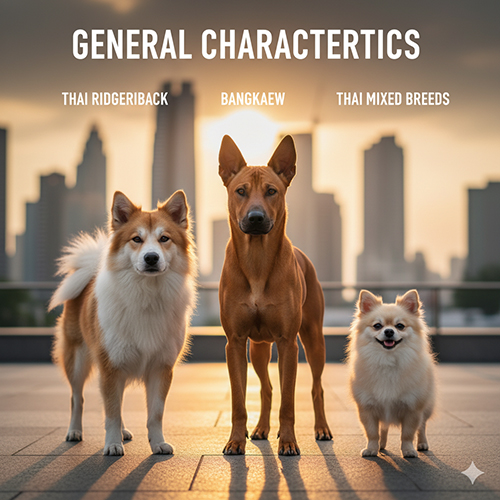 Ba giống chó Thái Lan gồm Thai Ridgeback, Bangkaew và chó lai Thái đứng cùng nhau dưới ánh hoàng hôn, thể hiện đặc điểm ngoại hình và tính cách đặc trưng của chó Thái