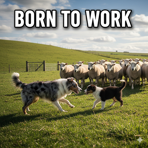 chó border collie chăn cừu trên đồng cỏ thể hiện bản năng làm việc và săn đuổi đặc trưng của giống