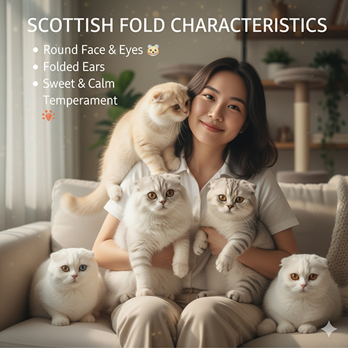 Cô gái trẻ ngồi trên sofa cùng năm bé mèo Scottish Fold nhiều màu sắc, một bé nằm trên vai, tạo khung cảnh ấm áp và vui tươi