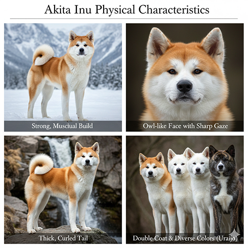 Infographic đặc điểm ngoại hình chó Akita Inu với thân hình cơ bắp, mặt cú vọ, đuôi cuộn và bộ lông kép nhiều màu 🐕