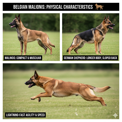 Infographic so sánh ngoại hình chó Béc Bỉ Malinois và Becgie Đức trên bãi cỏ