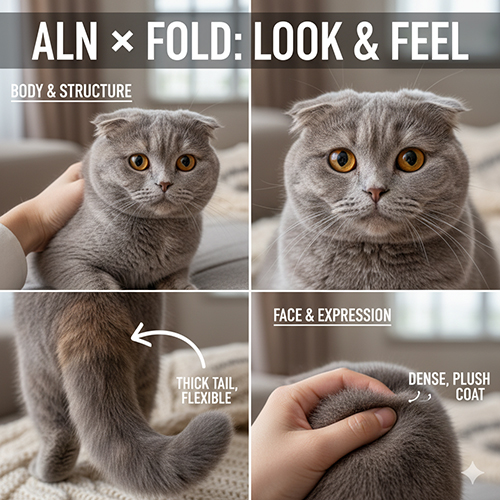 Cận cảnh mèo Anh lông ngắn tai cụp với thân tròn, đuôi dày và bộ lông mượt