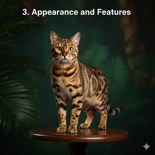 Mèo Bengal đứng trên bàn gỗ, phông nền xanh lá gợi cảm giác rừng rậm hoang dã.