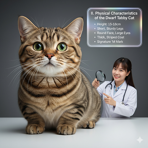 Mèo Munchkin Tabby to tròn với bộ lông vằn dày, bên cạnh bác sĩ thú y đang kiểm tra bằng kính lúp