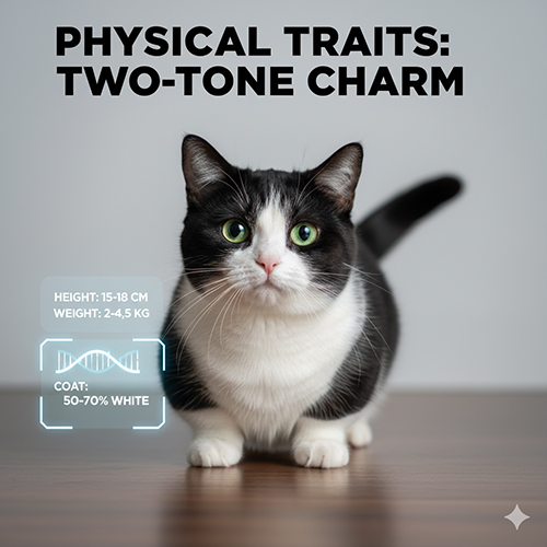 Đặc điểm ngoại hình mèo Munchkin Bicolor – dáng nhỏ, chân ngắn và lông hai màu đối xứng