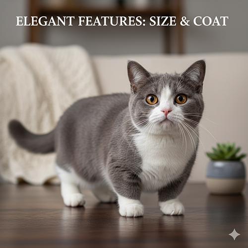 Mèo Munchkin xám trắng có thân dài, chân ngắn tự nhiên, bộ lông xanh lam pha trắng mềm mịn và ánh mắt ấm áp dễ thương.