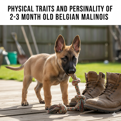 Chó Becgie Bỉ con 2–3 tháng đang ngậm dây kéo đồ chơi trên sân gỗ, cạnh đôi giày boots.