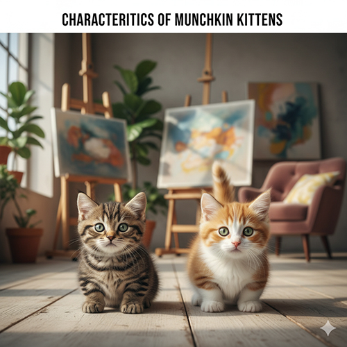 Đặc điểm nhận biết mèo Munchkin con: hai bé chân ngắn (tabby và trắng-cam) ngồi trong phòng tranh, chân ngắn rõ, mắt to, biểu cảm đáng yêu.