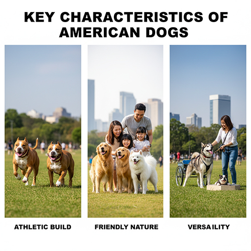 Đặc điểm nổi bật của chó Mỹ – hình ảnh ba nhóm chó gồm Pitbull và Bully thể hiện thể lực, Golden và Eskimo biểu trưng cho tính thân thiện, Husky kéo xe cho thấy sự đa năng.