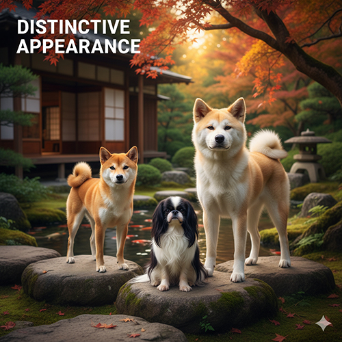 Ba giống chó Nhật Bản tiêu biểu Akita Inu, Shiba Inu và chó Nhật xù trong vườn Nhật mùa thu với ngoại hình đặc trưng và bộ lông dày mượt