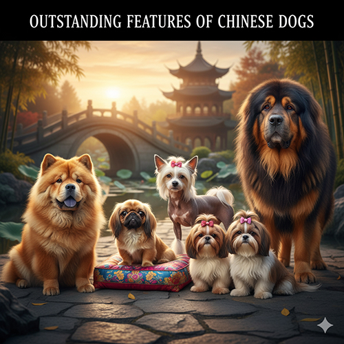 Các giống chó Trung Quốc tiêu biểu như Chow Chow, Shih Tzu, Chinese Crested, Tibetan Mastiff với ngoại hình độc đáo trong khung cảnh cổ điển Trung Hoa