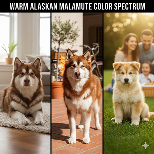 Dải màu ấm chó Alaska gồm nâu, nâu đỏ và vàng với sắc lông tự nhiên