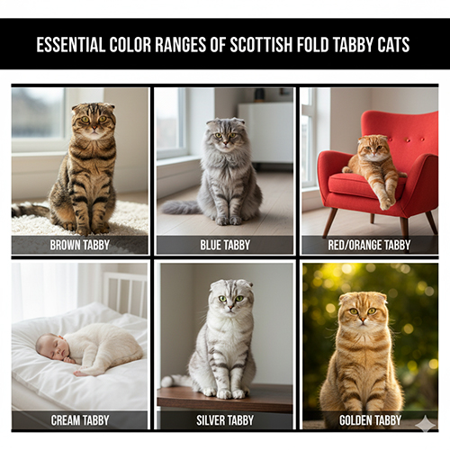 Bộ ảnh 6 màu tabby của Scottish Fold: brown, blue, red/orange, cream, silver và golden trong bối cảnh đời thường.