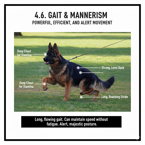 Chó Becgie Đức đang chạy trên cỏ, chú thích rõ ngực sâu, lưng thẳng và sải chân dài đặc trưng