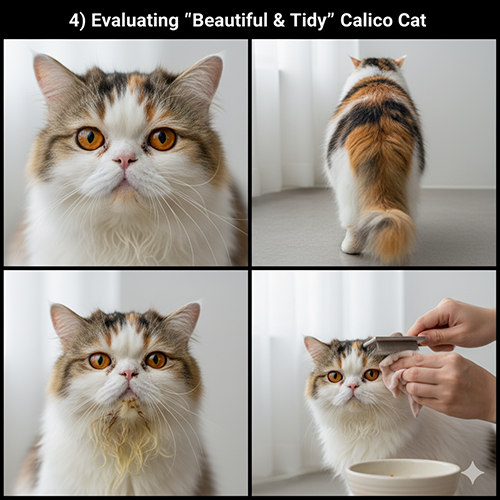 Bộ ảnh mèo Ba Tư tam thể gồm cận mặt, view từ sau, cảnh dính bẩn và cảnh được chải gọn để minh họa tiêu chí “đẹp – gọn”