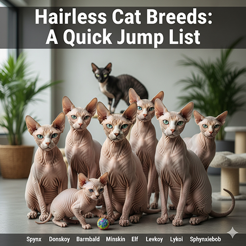 Nhóm mèo không lông gồm Sphynx, Donskoy, Peterbald, Bambino, Minskin, Elf, Levkoy và các biến thể hiếm