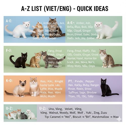 Danh sách tên cho mèo A–Z tiếng Việt và tiếng Anh kèm hình minh họa mèo nhiều màu sắc