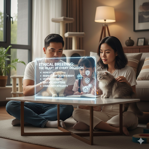 Gia đình ngồi trong phòng khách cùng mèo Scottish Fold, nhìn bảng hiển thị các nguyên tắc đạo đức nhân giống như trung thực, tôn trọng cơ thể mèo mẹ và hợp tác với thú y