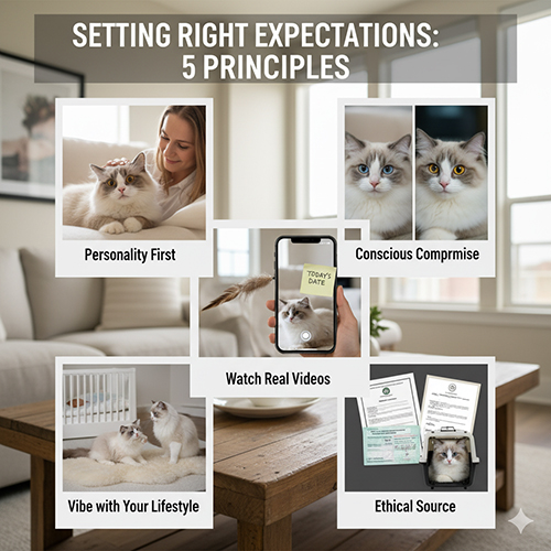 Ảnh minh họa 5 nguyên tắc đặt kỳ vọng đúng khi chọn mèo Ragdoll lai: xem tính cách, thỏa hiệp ngoại hình, xem clip thật, hợp lối sống và chọn nguồn uy tín