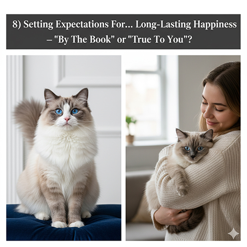Hai hình minh họa mèo Ragdoll và khoảnh khắc ôm mèo, nói về việc đặt kỳ vọng giữa chuẩn sách và “đúng vibe” khi chọn mèo.