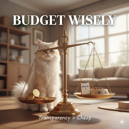 Mèo Ba Tư ngồi trước chiếc cân vàng, minh họa lời khuyên đặt ngân sách thông minh khi mua mèo Ba Tư.