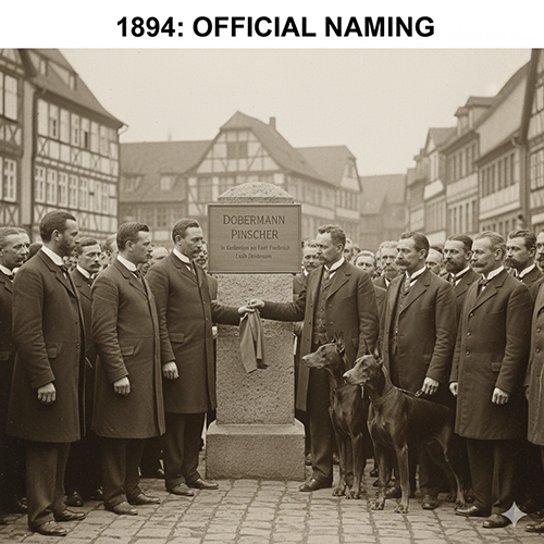 Năm 1894 – đặt tên chính thức Dobermann Pinscher để tri ân người tạo giống