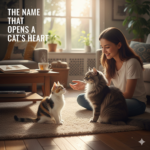 Cô gái ngồi trong phòng khách gọi tên mèo, mèo phản ứng và tiến lại gần, minh họa cách đặt tên cho mèo dễ nghe dễ nhớ