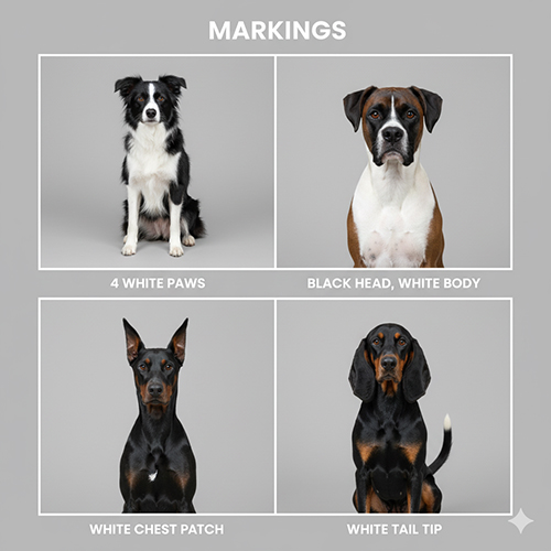Ảnh minh họa các kiểu markings phổ biến trên lông chó như bốn chân trắng, đầu đen thân trắng, đốm trắng ngực và chóp đuôi trắng.