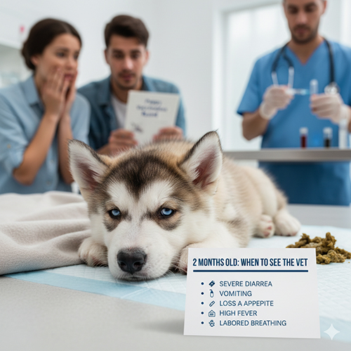 Chó Alaska 2 tháng tuổi mệt mỏi tại phòng khám thú y, cảnh báo dấu hiệu cần đi khám sớm
