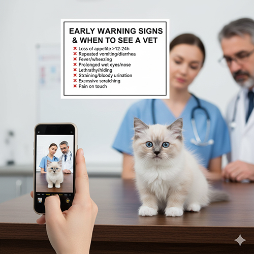 Mèo Ragdoll con tại phòng khám thú y, phía sau là bác sĩ và bảng dấu hiệu cảnh báo sớm