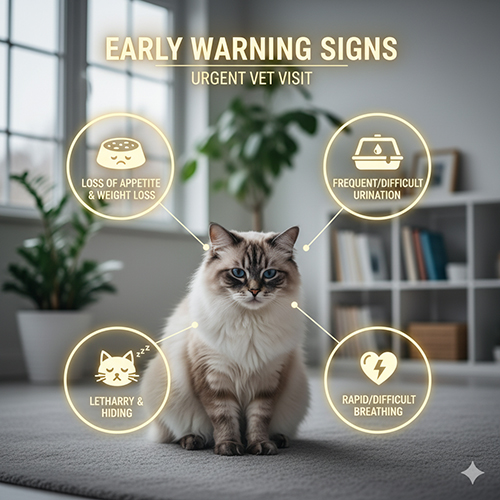 Mèo Ragdoll ngồi giữa phòng, xung quanh là các icon biểu thị dấu hiệu bệnh: chán ăn, tiểu khó, thở gấp, lờ đờ.