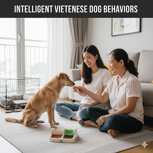 Hai người phụ nữ Việt đang huấn luyện chú chó cỏ trong phòng khách sáng sủa, chú chó ngồi ngoan trước khay thức ăn thể hiện sự thông minh và kỷ luật.