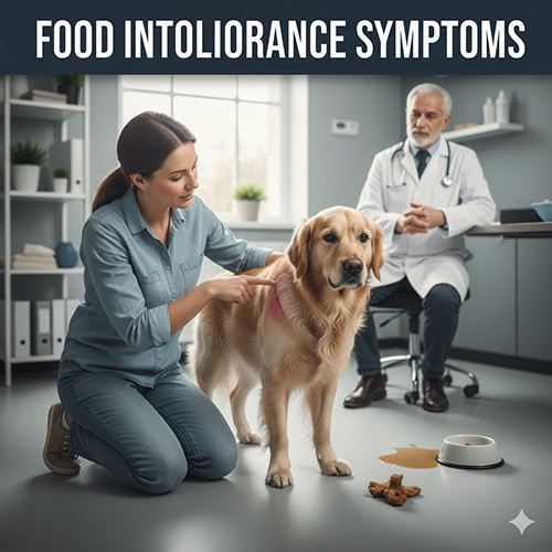 Chó Golden được kiểm tra da bởi bác sĩ khi có dấu hiệu dị ứng và rối loạn tiêu hóa liên quan đến thức ăn