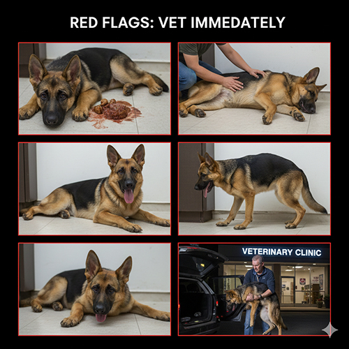 Những dấu hiệu nguy hiểm ở chó Becgie như tiêu chảy nặng, bỏ ăn, thở khó cần đưa đi thú y ngay