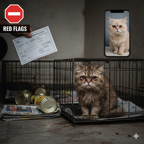 Dấu hiệu đỏ khi mua mèo Ba Tư giá rẻ như né video thật, ảnh studio lặp lại, sổ tiêm không rõ ràng và không cho xem môi trường nuôi
