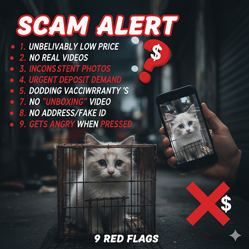 Hình cảnh báo lừa đảo khi mua mèo Ragdoll, một bé mèo trong lồng sắt và màn hình điện thoại cho thấy ảnh giả — kèm danh sách 9 dấu hiệu scam.