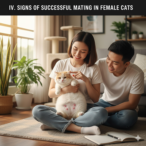 Cặp đôi bế mèo Munchkin cái trong phòng khách, bụng tròn nhẹ và núm vú hồng rõ – minh họa các dấu hiệu đã phối giống thành công.