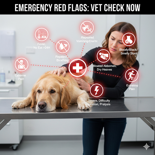 Golden Retriever nằm mệt trên bàn khám thú y – minh họa các dấu hiệu cấp cứu cần đưa đi khám ngay