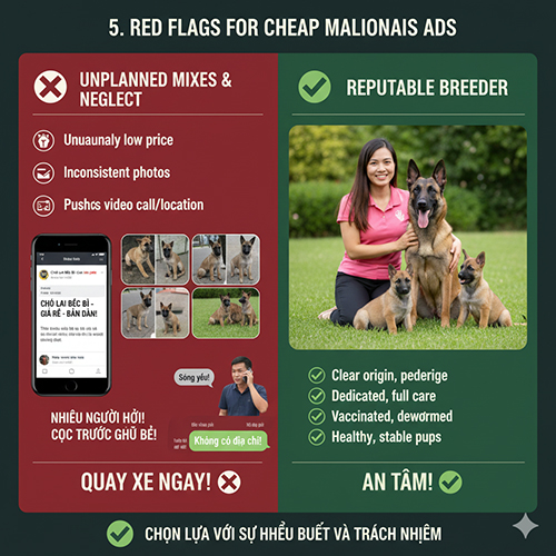 Ảnh minh họa dấu hiệu nhận diện tin rao chó lai Béc Bỉ giá rẻ: giá thấp bất thường, ảnh không thống nhất, né video call, thúc ép cọc