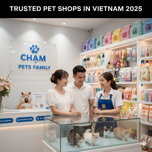 Nhân viên Chạm Pets Family tư vấn cho cặp đôi trước quầy trưng bày mèo con trong pet shop sáng sủa, minh họa 5 tiêu chí nhận biết shop mèo Munchkin uy tín.