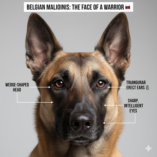 Cận cảnh đầu chó Béc Bỉ Malinois với tai dựng, mắt nâu sắc và mặt nạ đen