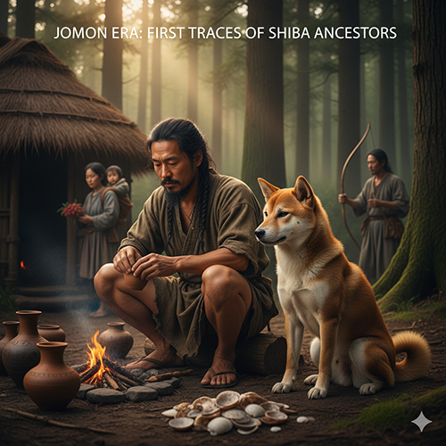 Hình minh họa chó thời Jomon và những dấu tích tổ tiên Shiba Inu trong gò vỏ sò