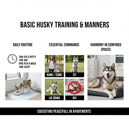 Hình ảnh hướng dẫn nuôi và dạy cơ bản để chó Husky sống nề nếp trong nhà và chung cư.
