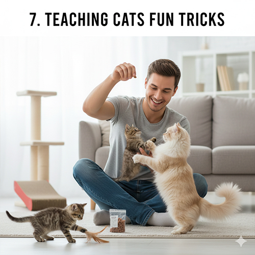 Dạy mèo các trick vui như bắt tay, đứng hai chân và phản xạ săn mồi