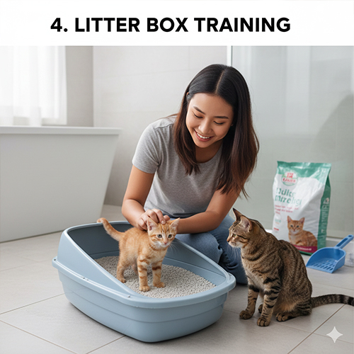 Dạy mèo đi vệ sinh đúng chỗ bằng khay cát sạch và huấn luyện nhẹ nhàng